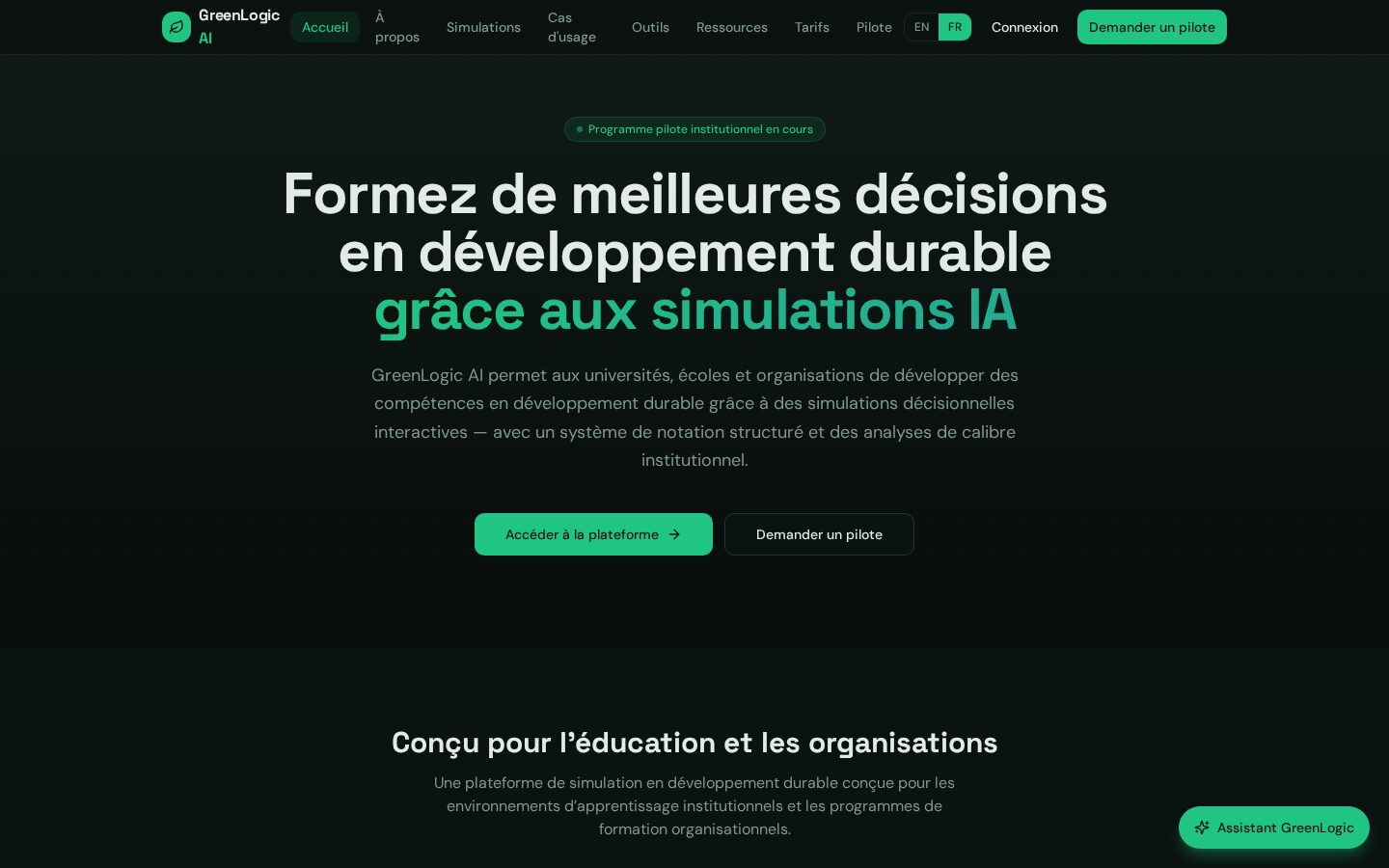 Capture de la page d’accueil réelle de GreenLogic AI